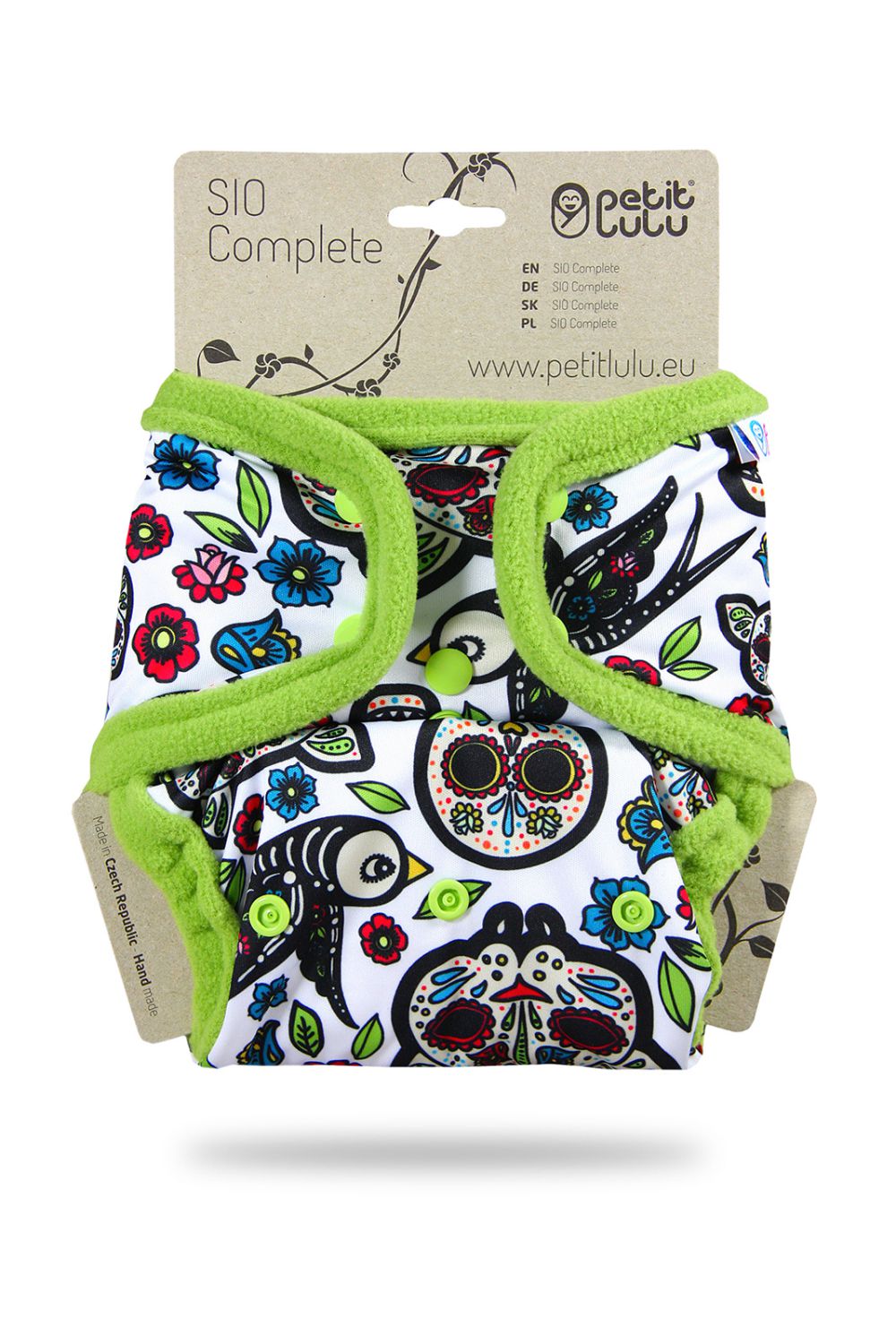 Petit Lulu One Size SIO Complete with Inserts (Snaps) Petit Lulu pattern: Mexican Skulls (on white)