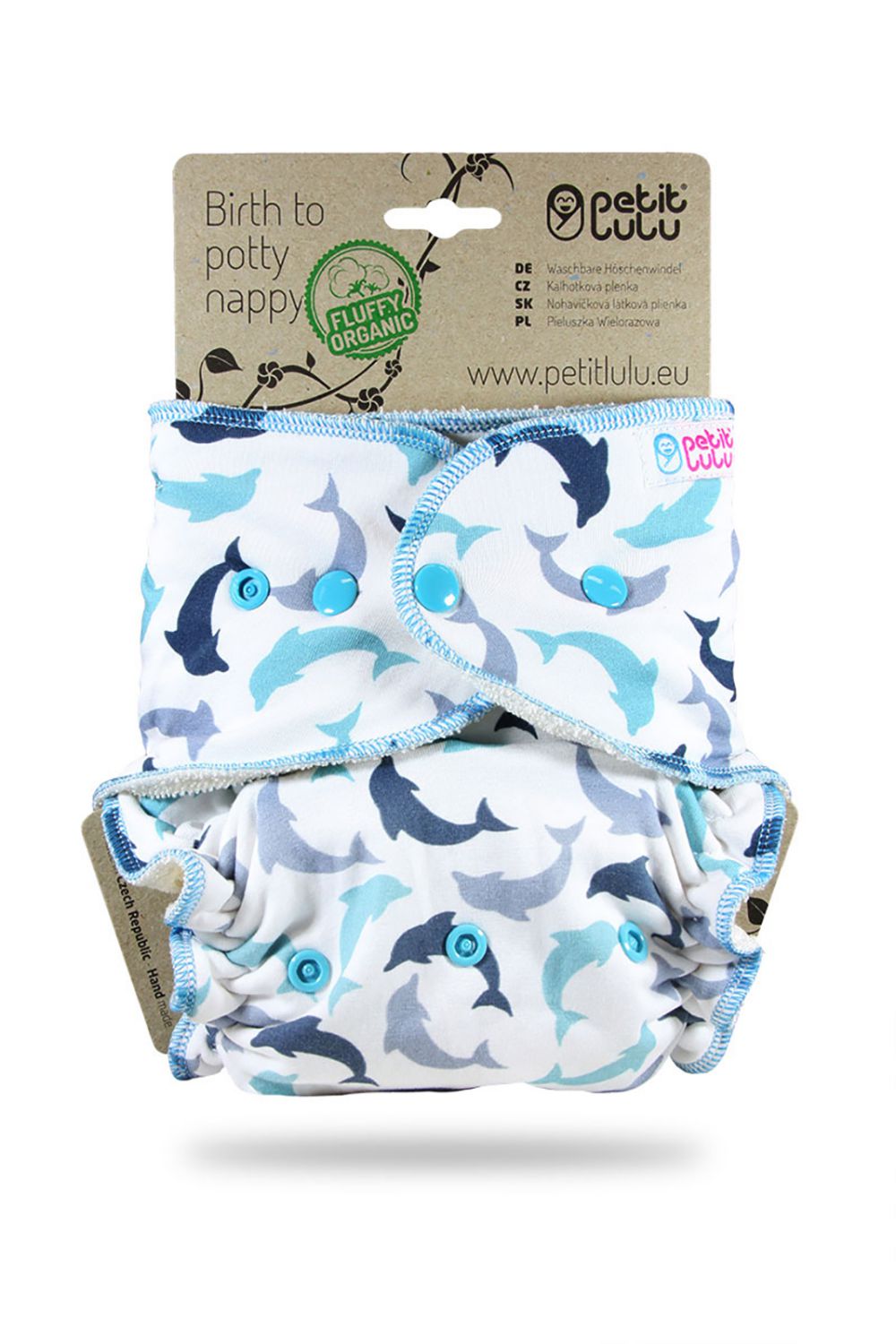 Petit Lulu Fluffy Organic One Size Fitted Nappy (Snaps) Petit Lulu pattern: Little Dolphins