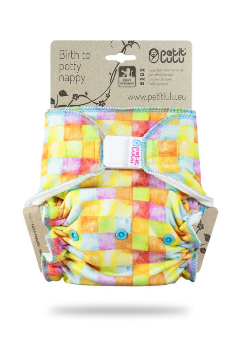 Petit Lulu Fitted Nappy One Size (Hook & Loop) Petit Lulu pattern: Colourful Cubes