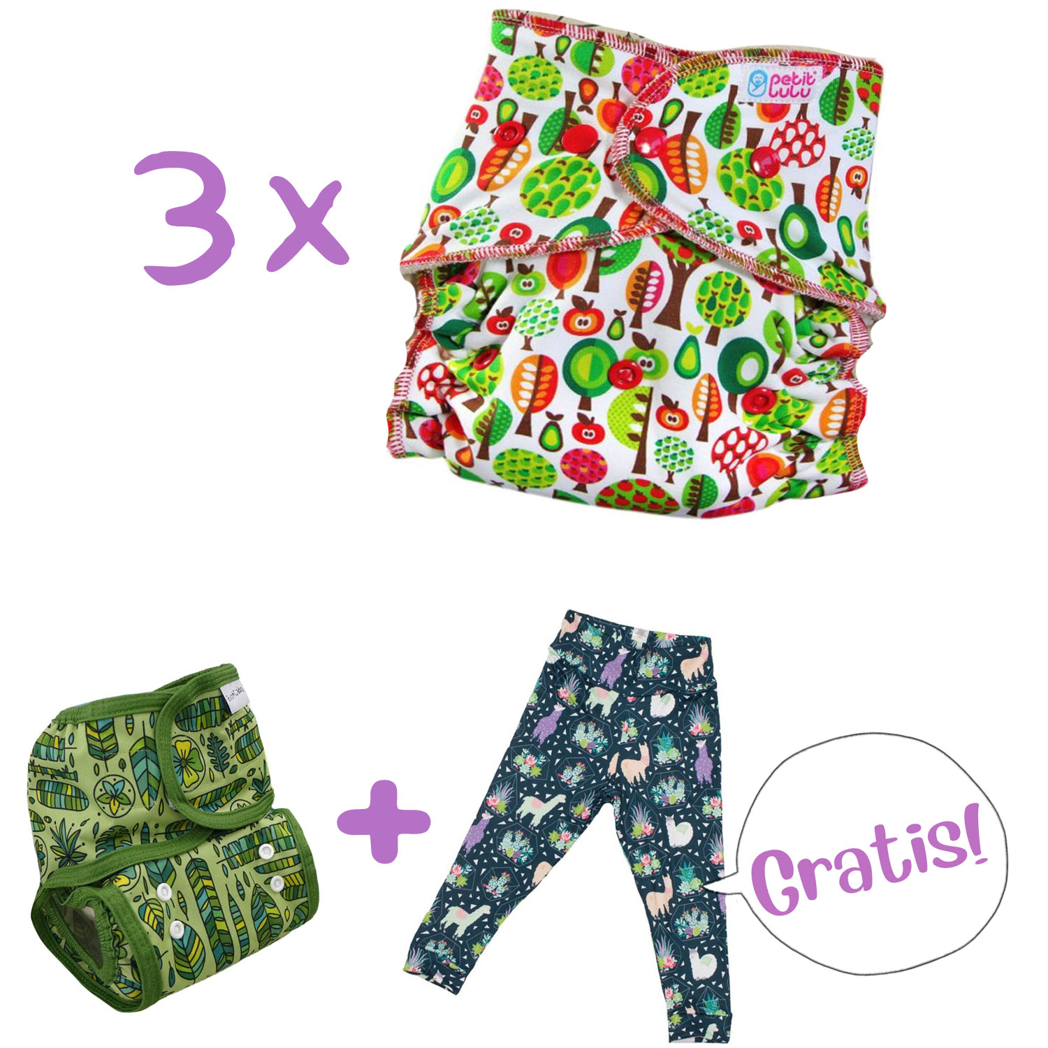 3 Petit Lulu fitted nappies + FREE avo+cado sprout cover + FREE Bumblito Leggings
