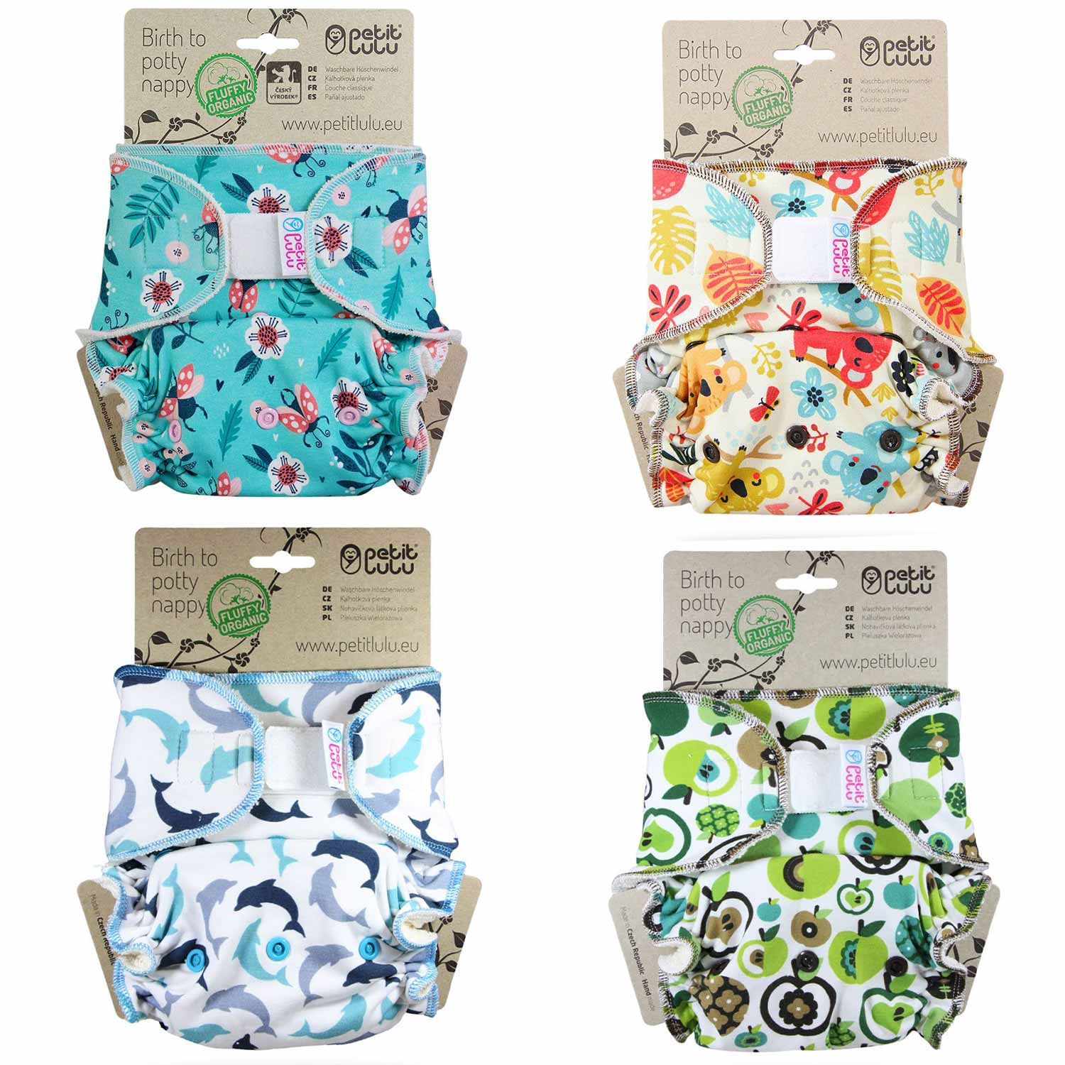 Petit Lulu Fluffy Organic Fitted Nappy One Size (Snaps) savings pack