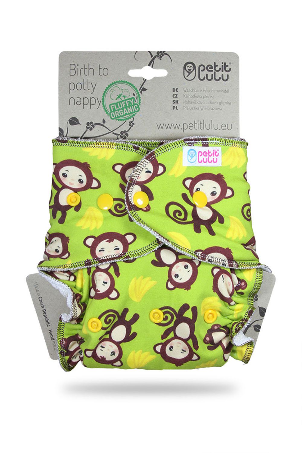 Petit Lulu Fluffy Organic One Size Fitted Nappy (Snaps) Petit Lulu pattern: Monkey Business