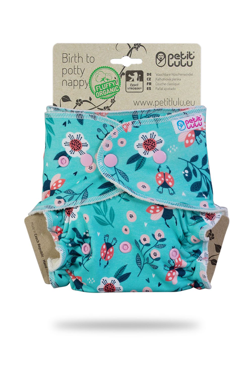 Petit Lulu Fluffy Organic One Size Fitted Nappy (Snaps) Petit Lulu pattern: Ladybirds in the Meadow