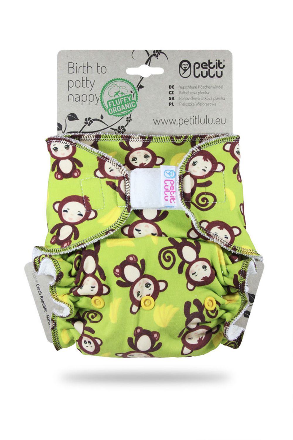 Petit Lulu Fitted Nappy Fluffy Organic One Size (Hook & Loop) Petit Lulu pattern: Monkey Business